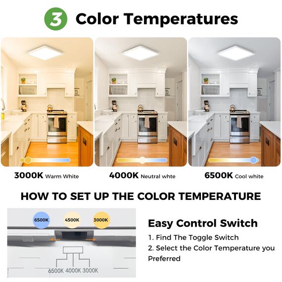 zemty Deckenlampe LED Deckenleuchte Flach, 3Farben - 3000K/4000K/6500K, IP44 Wasserfest Quadrat Badlampe Decke, 2800LM Modern LED Decklit für Flur küche Badezimmer Schlafzimmer Büro,Ø29CM