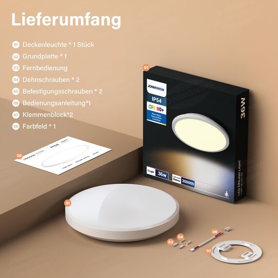 JONMONSM LED Deckenleuchte 36W, 3000K-6500K 3000LM LED Deckenleuchte Dimmbar, IP54 Wasserdichte Deckenlampe mit Fernbedienung für Schlafzimmer Wohnzimmer Bad Balkon Keller 300*H40mm