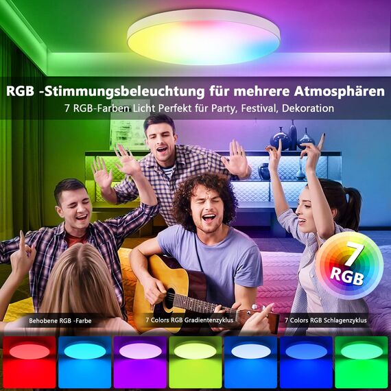 OUILA LED Deckenleuchte Dimmbar 24W RGB Farbwechsel Deckenlampe mit Fernbedienung 3000K-6500K 2400LM RGB+CCT Rund LED Panel Deckenbeleuchtung für Wohnzimmer Schlafzimmer Badezimmer kinderzimmer Ø28cm