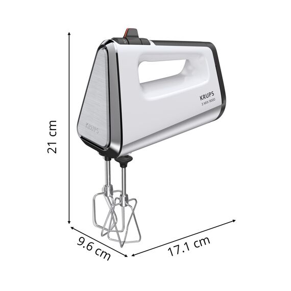 Krups 3Mix 9000 Handmixer, 750 Watt, Geschwindigkeitsregler, Turbomodus, Pulsfunktion, Mixer, ergonomischer Griff, langes Kabel, Handrührgerät inkl. Schneebesen und Knethaken, Schneeweiß, GN9101