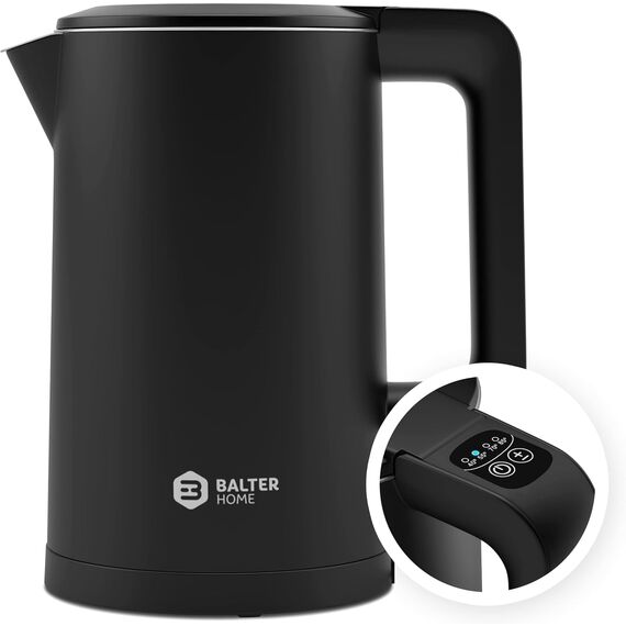 Balter Edelstahl Wasserkocher mit Temperatureinstellung, 40°C-100°C, Doppelwand, BPA frei, elektrischer Wasserkocher, Teekocher Kompakt, 1,7L, 2200W, leise, Schwarz