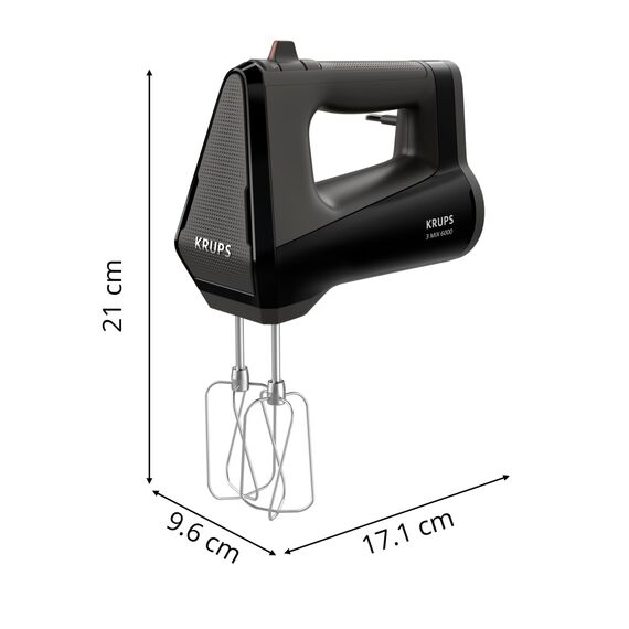Krups 3MIX 6000 Handmixer, 600 W, präzise Kontrolle, Soft-Touch-Griff, langes Kabel, praktischer Geschwindigkeitsregler, Handrührgerät inkl. Quirle und Knethaken, Schwarz, GN6028