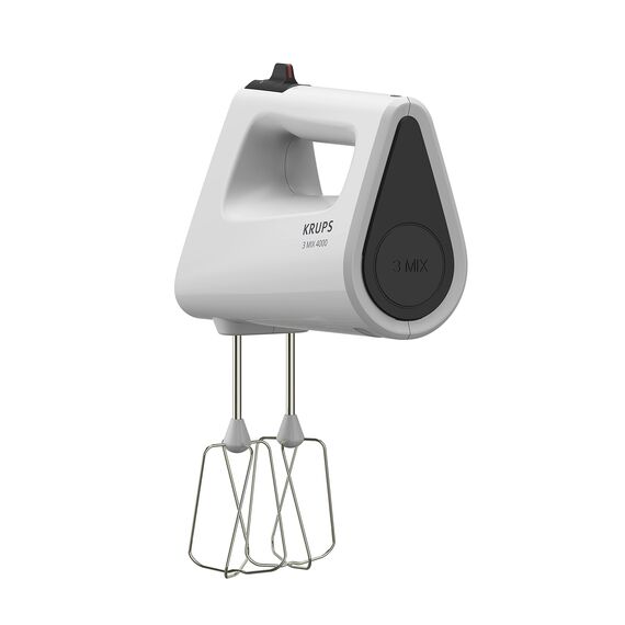 Krups 3 Mix 4000 Handmixer, 450 Watt, robustes Design, variabler Geschwindigkeitsregler, Turbo- und Auswurf-Funktion, inkl. 2 Rührbesen und 2 Knethaken, weiß/grau, GN4001
