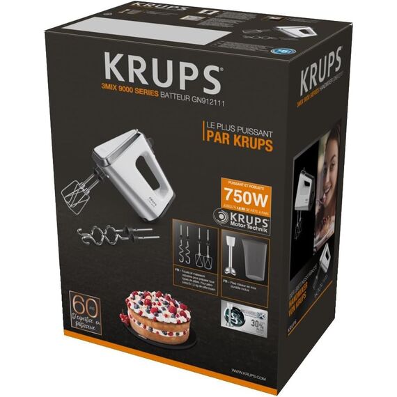 Krups 3 Mix 9000 Handmixer, 750 Watt, Geschwindigkeitsregler, Turbomodus, ergonomischer Griff, Handrührgerät inkl. Schneebesen, Knethaken, Pürierstab-Aufsatz, Messbecher, weiß/silber, GN9121