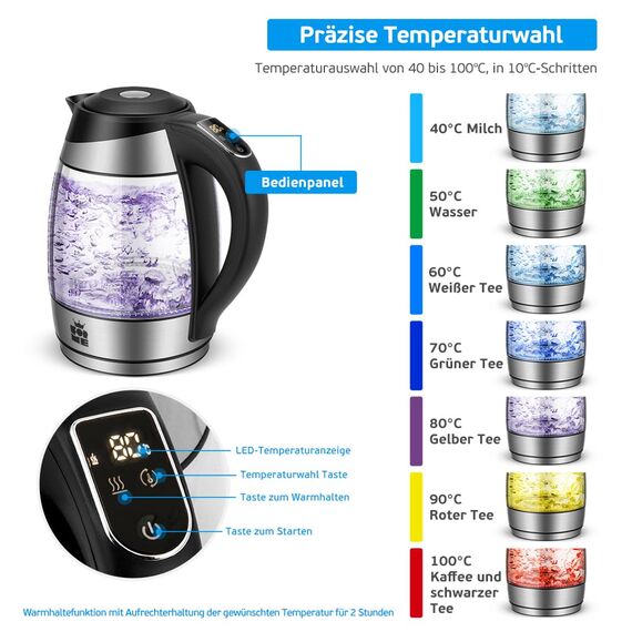 FOR ME Glas Elektrischer Wasserkocher 1,8L, Temperatureinstellung, Temperaturwahl 40°C bis 100°C, 7 Farben LED-Beleuchtung, Warmhaltefunktion, BPA-Frei