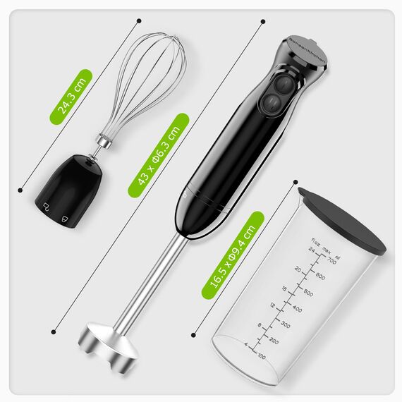 Bonsenkitchen 3 in 1 Elektrischer Stabmixer, 1000W Pürierstab Mit Messbecher und Schneebesen, 2 Geschwindigkeitsstufen, für Milchshake, Püree, Sauce, HB3202 (Schwarz)