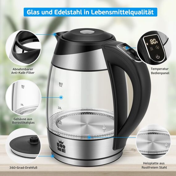 FOR ME Glas Elektrischer Wasserkocher 1,8L, Temperatureinstellung, Temperaturwahl 40°C bis 100°C, 7 Farben LED-Beleuchtung, Warmhaltefunktion, BPA-Frei