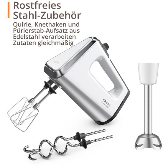 Krups 3 Mix 9000 Handmixer, 750 Watt, Geschwindigkeitsregler, Turbomodus, ergonomischer Griff, Handrührgerät inkl. Schneebesen, Knethaken, Pürierstab-Aufsatz, Messbecher, weiß/silber, GN9121