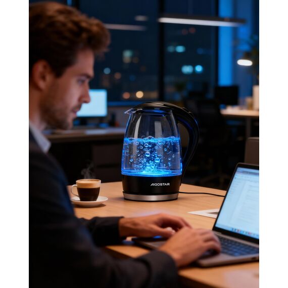 Aigostar Glas Elektrischer Wasserkocher Schwarz 1,7 Liter - Schnell Kochendes Glaswasserkocher 2200W, LED-Beleuchtung, Verdicktes Borosilikatglas, BPA-frei, mit kalkfilter, Automatische Abschaltung
