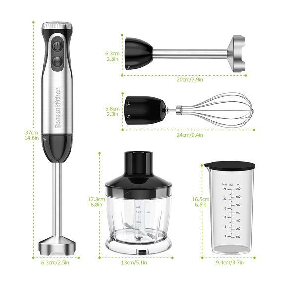 Bonsenkitchen Pürierstab, 4-en-1 Stabmixer Elektrischer, 1000W Stufenlos Geschwindigkeiten, Edelstahl, Schneebesen, 500ml Häcksler und 700ml Messbecher für Babynahrung, HB3203 (Schwarz)