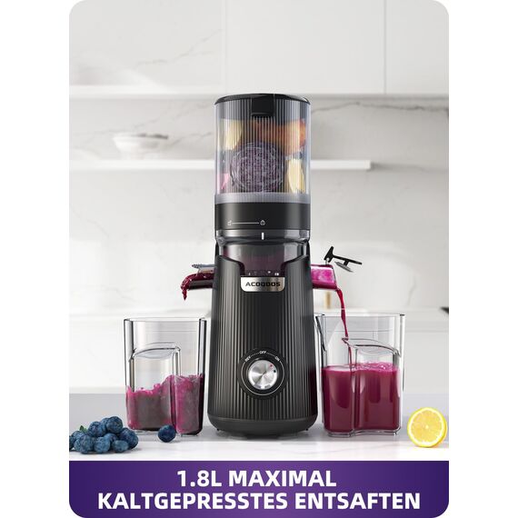ACOQOOS Entsafter, Entsafter für Ganze Gemüse und Obst, 135 mm Breite und Größere Fütterungsröhre, 1,8 L Füllvolumen, Leicht zu Reinigender Slow Juicer mit 2 Gläsern, Elektrische Saftpresse Schwarz