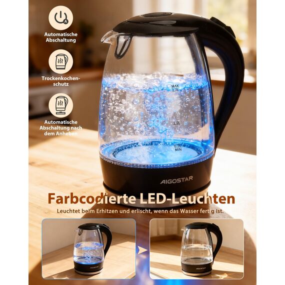 Aigostar Glas Elektrischer Wasserkocher Schwarz 1,7 Liter - Schnell Kochendes Glaswasserkocher 2200W, LED-Beleuchtung, Verdicktes Borosilikatglas, BPA-frei, mit kalkfilter, Automatische Abschaltung