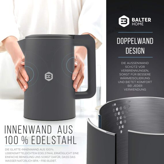 Balter Wasserkocher Edelstahl WK-4, 1,7 Liter, elektrischer Wasserkocher, Doppelwand Design, BPA frei, LED, Teekocher Kompakt, leise, Grau