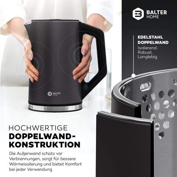 BALTER Edelstahl Wasserkocher mit Temperatureinstellung, 40°C-100°C, Doppelwand, BPA frei, leise & kabellos, Kettle, Teekocher mit Temperaturwahl, 1.5L, 2200W, Grau