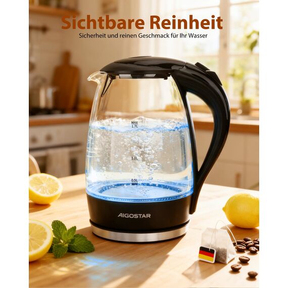 Aigostar Glas Elektrischer Wasserkocher Schwarz 1,7 Liter - Schnell Kochendes Glaswasserkocher 2200W, LED-Beleuchtung, Verdicktes Borosilikatglas, BPA-frei, mit kalkfilter, Automatische Abschaltung