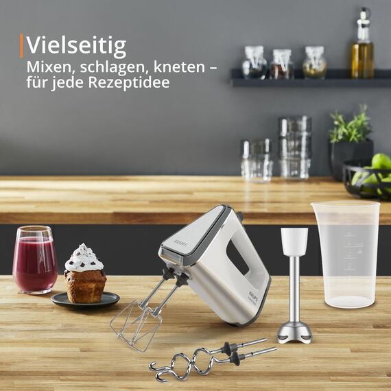 Krups 3 Mix 9000 Handmixer, 750 Watt, Geschwindigkeitsregler, Turbomodus, ergonomischer Griff, Handrührgerät inkl. Schneebesen, Knethaken, Pürierstab-Aufsatz, Messbecher, weiß/silber, GN9121