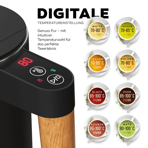 BALTER Edelstahl Wasserkocher mit Temperatureinstellung, 45°C-100°C, Doppelwand, BPA frei, leise & kabellos, Warmhaltefunktion, Teekocher mit Temperaturanzeige, 1.5L, 2200W, Schwarz