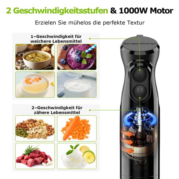 Bonsenkitchen Pürierstab, Stabmixer Elektrischer, 1000W Pürierstab Edelstahl, 2 Geschwindigkeiten, für Babynahrung, Suppe, Smoothies, Püree, Sauce hand blender, Schwarz, HB3201