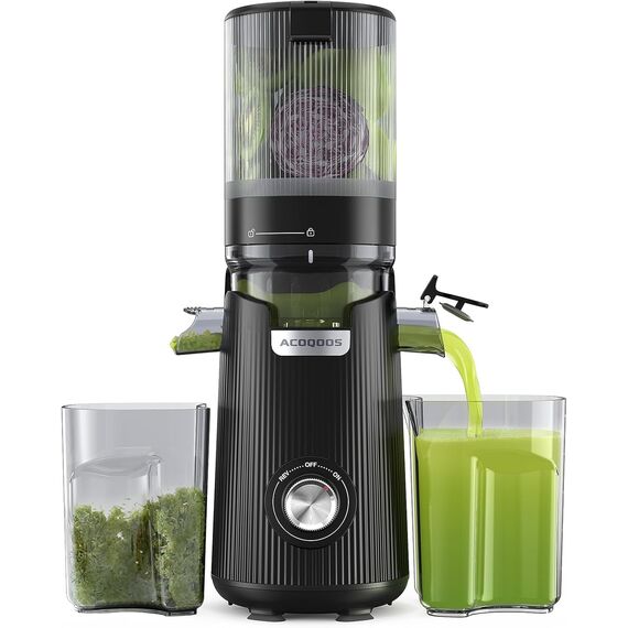 ACOQOOS Entsafter, Entsafter für Ganze Gemüse und Obst, 135 mm Breite und Größere Fütterungsröhre, 1,8 L Füllvolumen, Leicht zu Reinigender Slow Juicer mit 2 Gläsern, Elektrische Saftpresse Schwarz