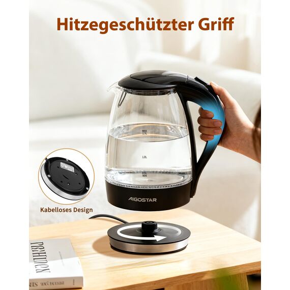 Aigostar Glas Elektrischer Wasserkocher Schwarz 1,7 Liter - Schnell Kochendes Glaswasserkocher 2200W, LED-Beleuchtung, Verdicktes Borosilikatglas, BPA-frei, mit kalkfilter, Automatische Abschaltung