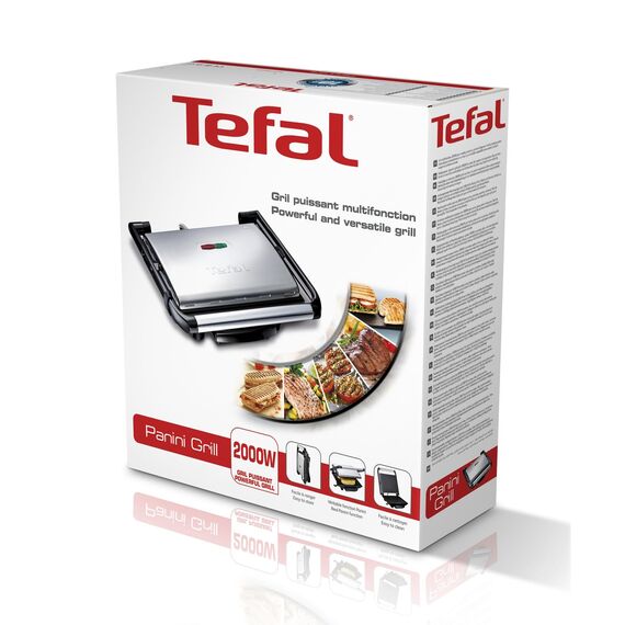Tefal Kontaktgrill Inicio GC241D, Elektrogrill/Sandwichtoaster, Fettarmes Grillen, Panini, Toasts, Steak, Gemüse, Antihaftbeschichtete Grillplatten, 2000W, 36.3x10.8x33.2cm, Edelstahl/Schwarz
