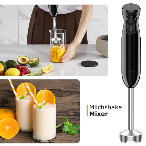 Bonsenkitchen 3 in 1 Elektrischer Stabmixer, 1000W Pürierstab Mit Messbecher und Schneebesen, 2 Geschwindigkeitsstufen, für Milchshake, Püree, Sauce, HB3202 (Schwarz)
