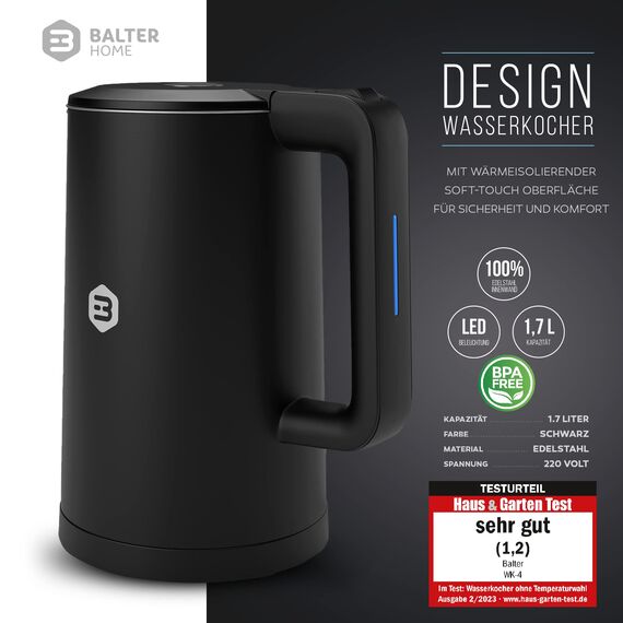 Balter Wasserkocher Edelstahl WK-4, 1,7 Liter, elektrischer Wasserkocher, Doppelwand Design, BPA frei, LED, Teekocher Kompakt, leise (Schwarz)