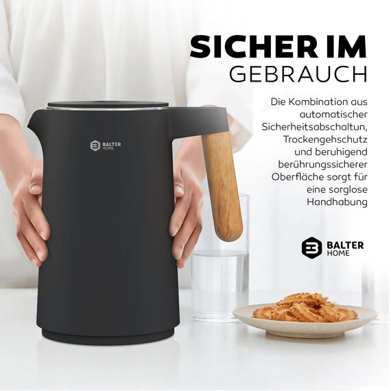BALTER Edelstahl Wasserkocher mit Temperatureinstellung, 45°C-100°C, Doppelwand, BPA frei, leise & kabellos, Warmhaltefunktion, Teekocher mit Temperaturanzeige, 1.5L, 2200W, Schwarz
