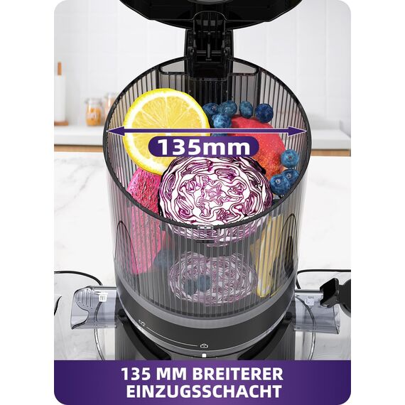 ACOQOOS Entsafter, Entsafter für Ganze Gemüse und Obst, 135 mm Breite und Größere Fütterungsröhre, 1,8 L Füllvolumen, Leicht zu Reinigender Slow Juicer mit 2 Gläsern, Elektrische Saftpresse Schwarz