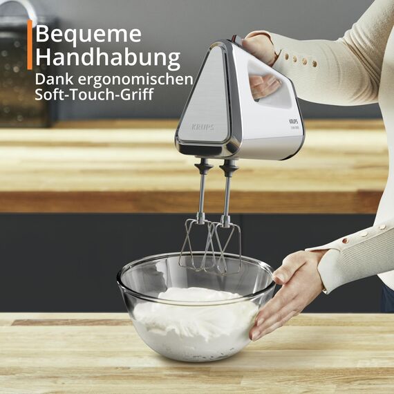 Krups 3 Mix 9000 Handmixer, 750 Watt, Geschwindigkeitsregler, Turbomodus, ergonomischer Griff, Handrührgerät inkl. Schneebesen, Knethaken, Pürierstab-Aufsatz, Messbecher, weiß/silber, GN9121