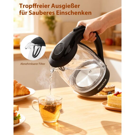 Aigostar Glas Elektrischer Wasserkocher Schwarz 1,7 Liter - Schnell Kochendes Glaswasserkocher 2200W, LED-Beleuchtung, Verdicktes Borosilikatglas, BPA-frei, mit kalkfilter, Automatische Abschaltung
