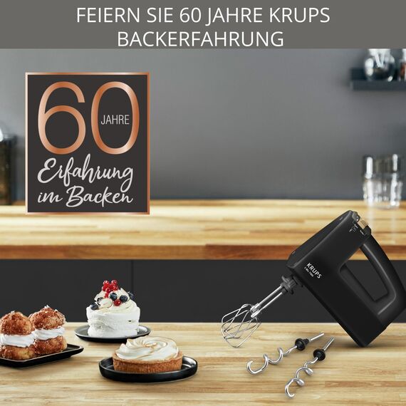 Krups F60858 3 MIX 7000 Handmixer 60 Jahre Edition | 500W | ergonomischer Griff | 1,65m-langes Kabel | Geschwindigkeitsregler, Schneebesen & Knethacken | bis zu 1kg Brotteig | Schwarz/Kupfer