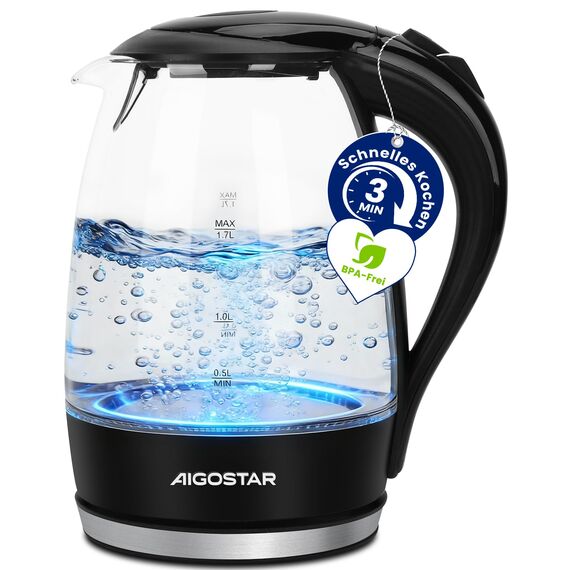 Aigostar Glas Elektrischer Wasserkocher Schwarz 1,7 Liter - Schnell Kochendes Glaswasserkocher 2200W, LED-Beleuchtung, Verdicktes Borosilikatglas, BPA-frei, mit kalkfilter, Automatische Abschaltung