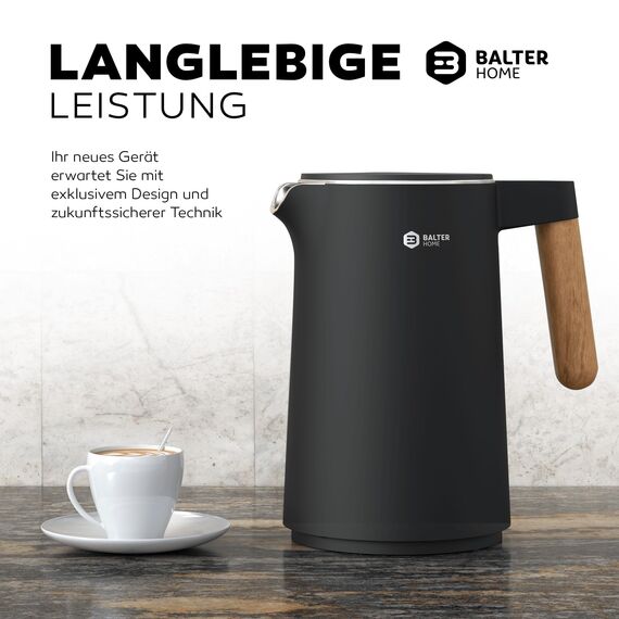 BALTER Edelstahl Wasserkocher mit Temperatureinstellung, 45°C-100°C, Doppelwand, BPA frei, leise & kabellos, Warmhaltefunktion, Teekocher mit Temperaturanzeige, 1.5L, 2200W, Schwarz