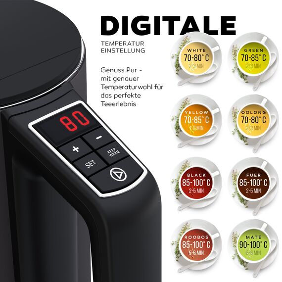 BALTER Edelstahl Wasserkocher mit Temperatureinstellung, 40°C-100°C, Doppelwand, BPA frei, leise & kabellos, Kettle, Teekocher mit Temperaturwahl, 1.5L, 2200W, Grau