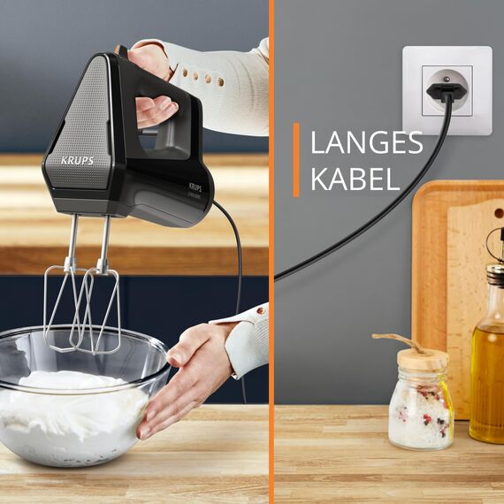 Krups 3MIX 6000 Handmixer, 600 W, präzise Kontrolle, Soft-Touch-Griff, langes Kabel, praktischer Geschwindigkeitsregler, Handrührgerät inkl. Quirle und Knethaken, Schwarz, GN6028