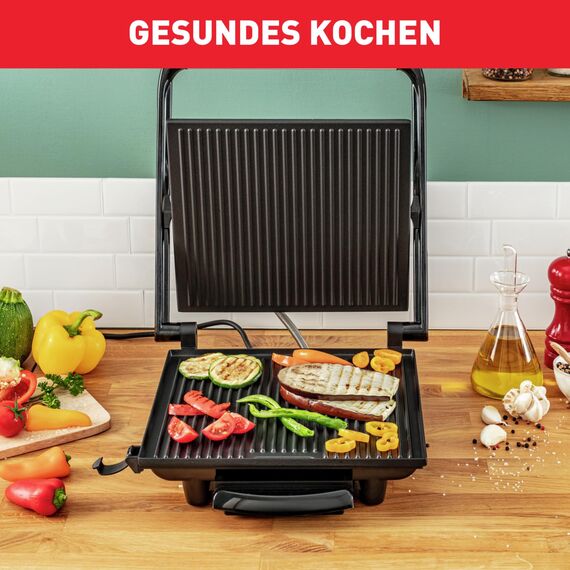 Tefal Kontaktgrill Inicio GC241D, Elektrogrill/Sandwichtoaster, Fettarmes Grillen, Panini, Toasts, Steak, Gemüse, Antihaftbeschichtete Grillplatten, 2000W, 36.3x10.8x33.2cm, Edelstahl/Schwarz