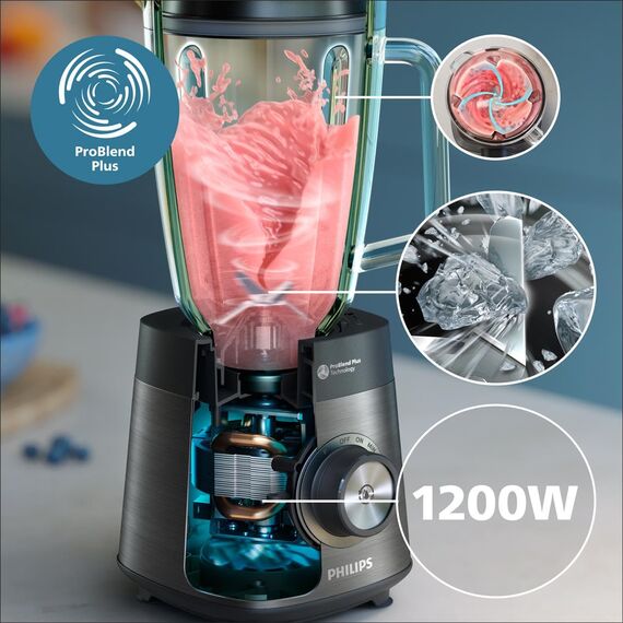Philips 5000-Serie Standmixer inkl. Blend-and-go-Behälter - 1200 W. 2L maximales Fassungsvermögen. ProBlend Plus-Technologie. Spülmaschinengeeignet. Automatisierte Reinigung. Schwarz (HR3041/00)