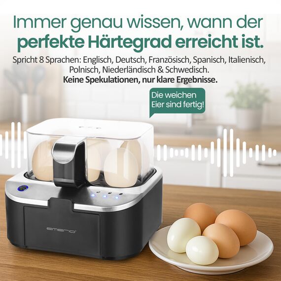 EMERIO sprechender Eierkocher SIEGER Preis/Leistung NEUHEIT kocht alle drei Garstufen [weich|mittel|hart] in EINEM Kochvorgang mit perfektem Ergebnis Sprachausgabe in DE BPA frei, EB-123177.1
