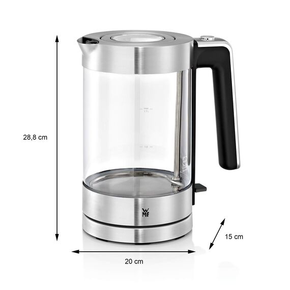 WMF Lono Wasserkocher Glas 1,7 Liter, Glaswasserkocher mit Kalkfilter, kabellos, 3000 Watt, edelstahl matt
