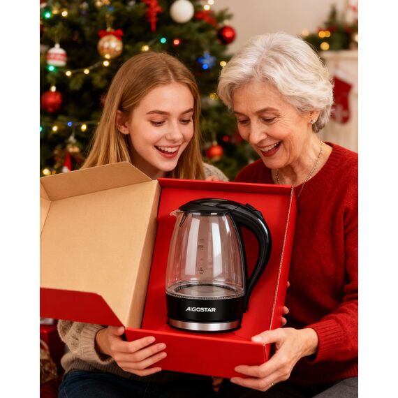 Aigostar Glas Elektrischer Wasserkocher Schwarz 1,7 Liter - Schnell Kochendes Glaswasserkocher 2200W, LED-Beleuchtung, Verdicktes Borosilikatglas, BPA-frei, mit kalkfilter, Automatische Abschaltung