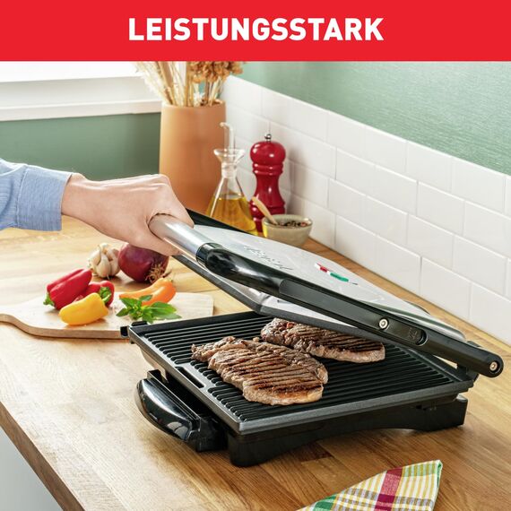 Tefal Kontaktgrill Inicio GC241D, Elektrogrill/Sandwichtoaster, Fettarmes Grillen, Panini, Toasts, Steak, Gemüse, Antihaftbeschichtete Grillplatten, 2000W, 36.3x10.8x33.2cm, Edelstahl/Schwarz