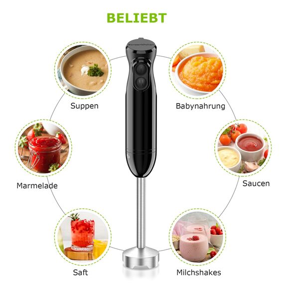 Bonsenkitchen Pürierstab, Stabmixer Elektrischer, 1000W Pürierstab Edelstahl, 2 Geschwindigkeiten, für Babynahrung, Suppe, Smoothies, Püree, Sauce hand blender, Schwarz, HB3201