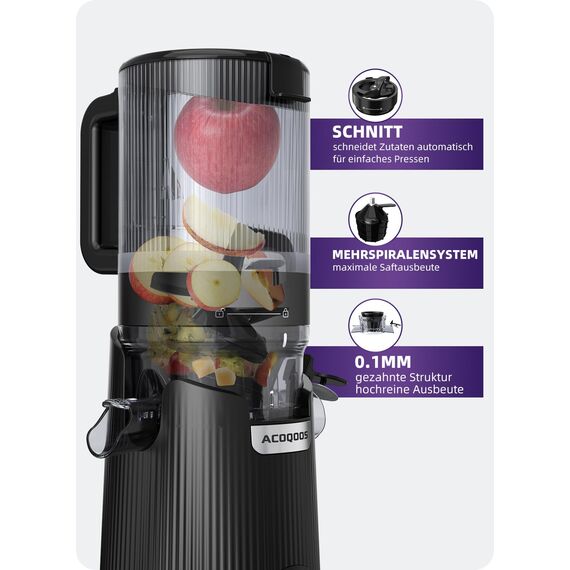 ACOQOOS Entsafter, Entsafter für Ganze Gemüse und Obst, 135 mm Breite und Größere Fütterungsröhre, 1,8 L Füllvolumen, Leicht zu Reinigender Slow Juicer mit 2 Gläsern, Elektrische Saftpresse Schwarz