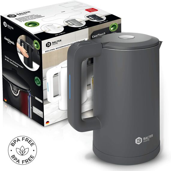 Balter Wasserkocher Edelstahl WK-4, 1,7 Liter, elektrischer Wasserkocher, Doppelwand Design, BPA frei, LED, Teekocher Kompakt, leise, Grau