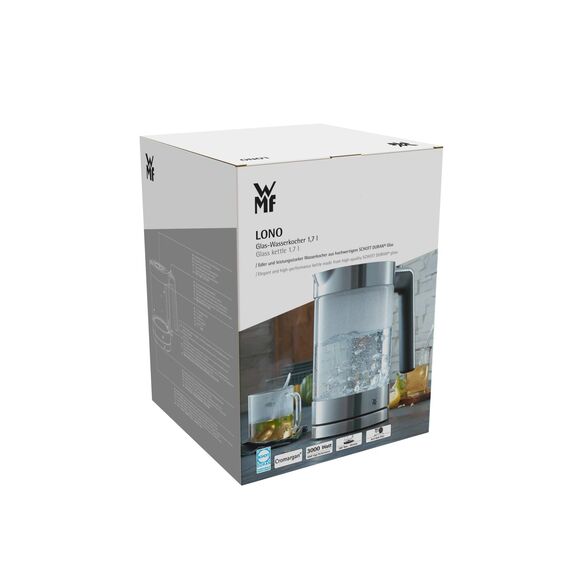 WMF Lono Wasserkocher Glas 1,7 Liter, Glaswasserkocher mit Kalkfilter, kabellos, 3000 Watt, edelstahl matt