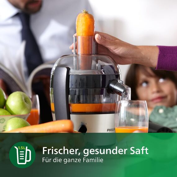 Philips Viva Collection Entsafter - Kompaktes Design, QuickClean-Technologie, Direktsaft in Glas, 500W Motor, 1,5L Fassungsvermögen, Tropf-Stopp, Leicht zu reinigen (HR1832/00)