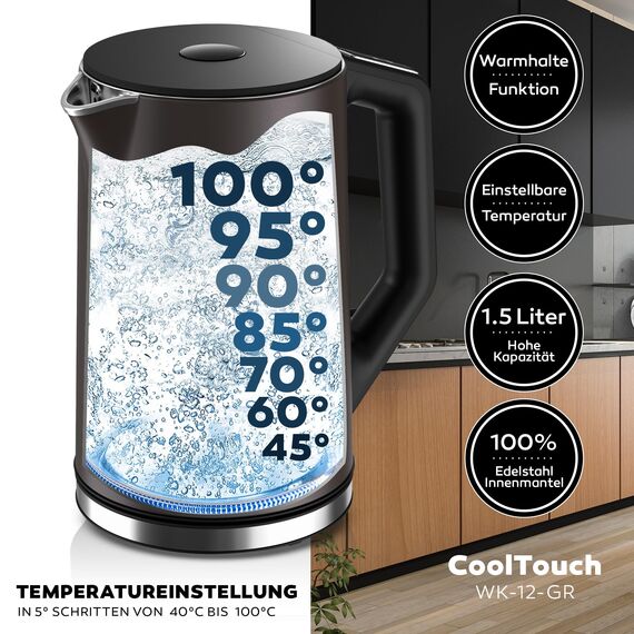 BALTER Edelstahl Wasserkocher mit Temperatureinstellung, 40°C-100°C, Doppelwand, BPA frei, leise & kabellos, Kettle, Teekocher mit Temperaturwahl, 1.5L, 2200W, Grau