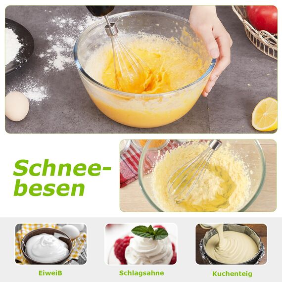 Bonsenkitchen Pürierstab, 4-en-1 Stabmixer Elektrischer, 1000W Stufenlos Geschwindigkeiten, Edelstahl, Schneebesen, 500ml Häcksler und 700ml Messbecher für Babynahrung, HB3203 (Schwarz)