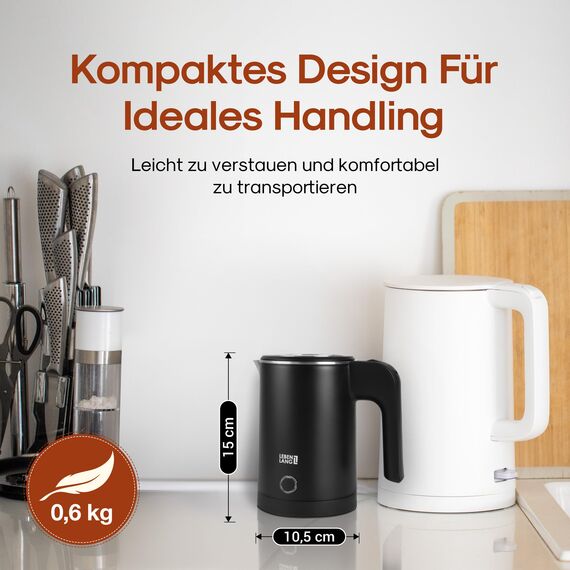 LEBENLANG Reise Wasserkocher Edelstahl Klein 0 5 Liter & BPA-Frei - Reisewasserkocher klein 600W Energiesparend Energieeffizienz - Kleiner Mini Wasserkocher Camping Kettle Schwarz 0,5 l 0.5 für Reisen